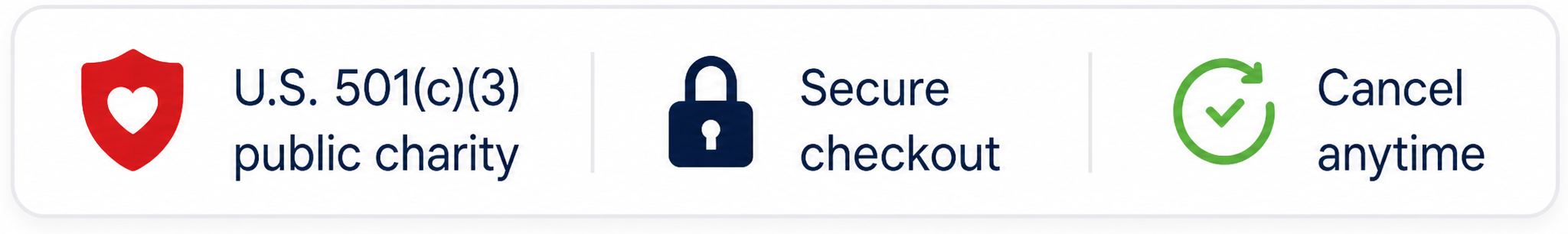 U.S. 501(c)(3) public charity. Secure checkout. Cancel anytime.